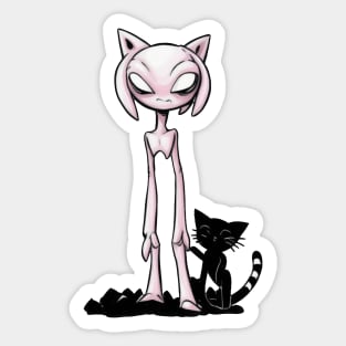 Cosmic Feline Encounter - Pink Alien and Black Cat Delight Sticker